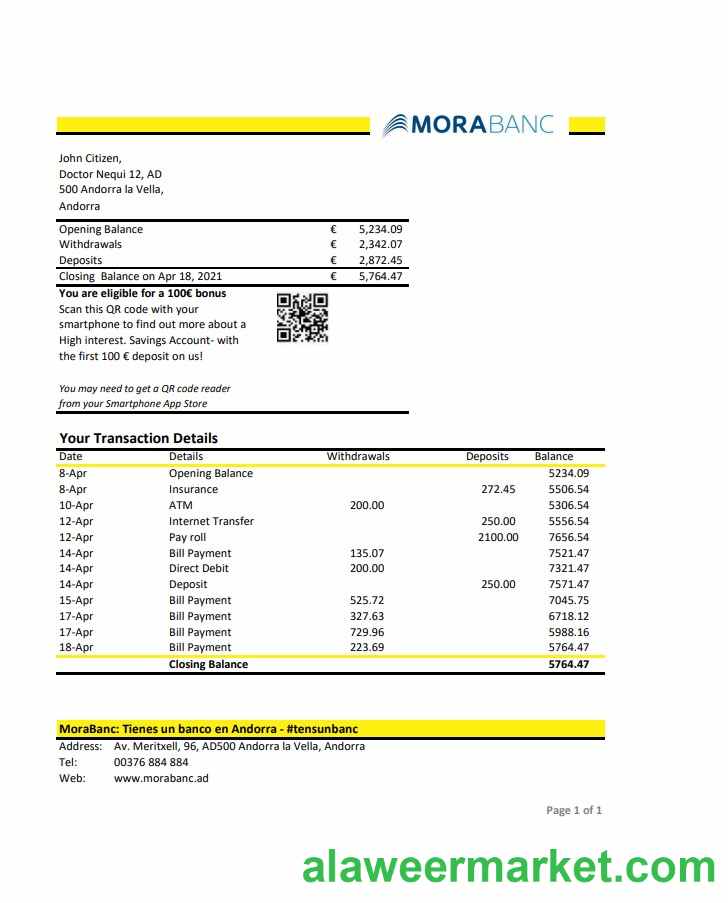 Andorra MoraBank bank statement template in Excel and PDF format